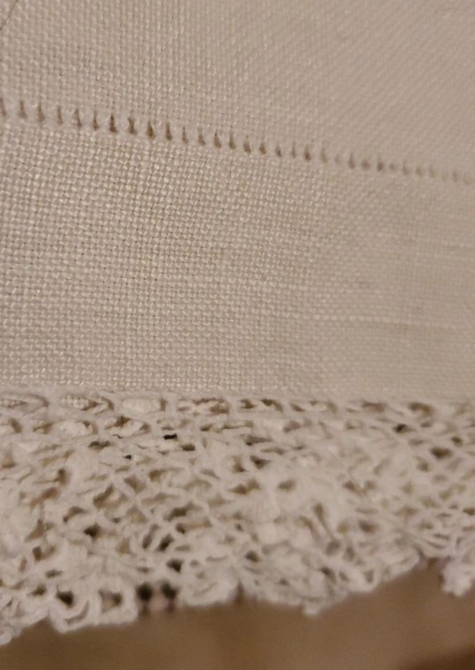 Vintage White Linen 34" Square Tablecloth Topper Rose Scalloped Hand Made Lace  - Image 3 of 4
