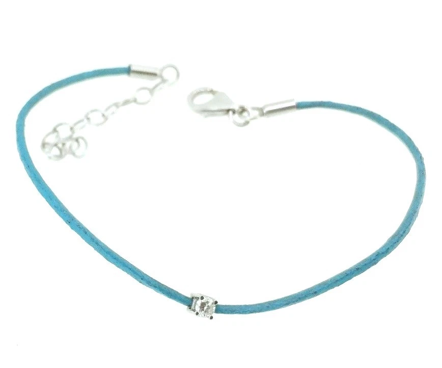 Solitaire Natural Diamond TCW 0.06 Turquoise Leather 18k White Gold Bracelet - Image 3 of 4