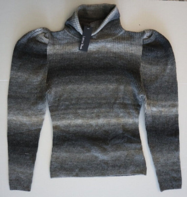 Lea & Viola L7890 Women's Sz M Black/Gray Ribbed Puff Sleeve Wool-Blend Sweater