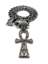Egyptian Ankh Cross Hematite Plated Pendant & 11mm 20" Cuban Chain Necklace