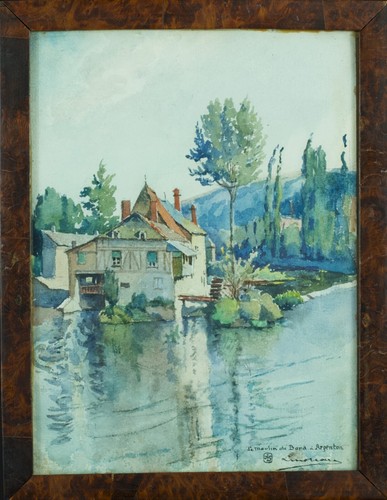 Dessin ancien vue de la Creuse Argenton moulin Pierre Louis Moreau aquarelle