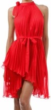 FOPLEATSOLID1-ASYMMETRICAL HEM PLEATED SHORT SLEEVELESS DRESS, RED, ONE SIZE