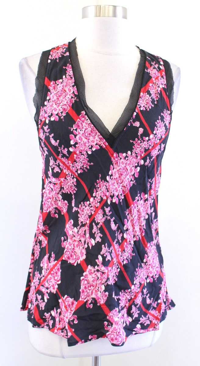 Lamb L.A.M.B. Gwen Stefani Black Pink Red Floral Silk Tank Top 