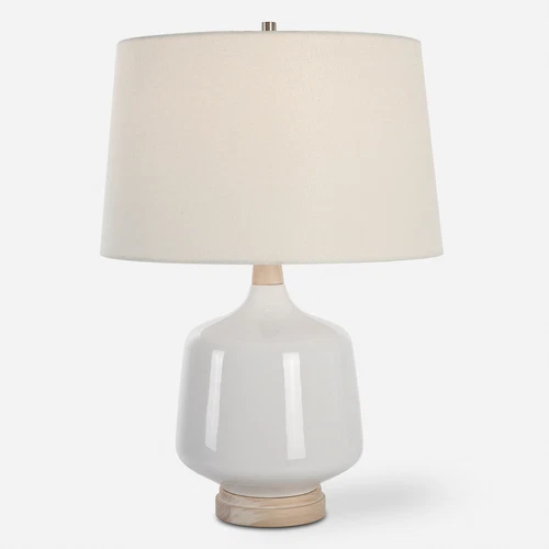 High Gloss White Ceramic Table Lamp 25 in Coastal Farmhouse Casual Wood Organic - Picture 1 of 7