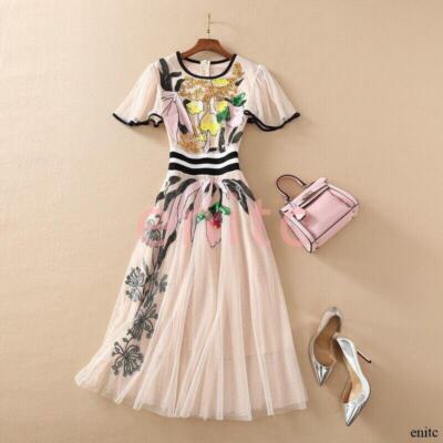 Women CrewNeck Floral Sequins Princess Dress Short Sleeve High Waist Party  Dress | eBay