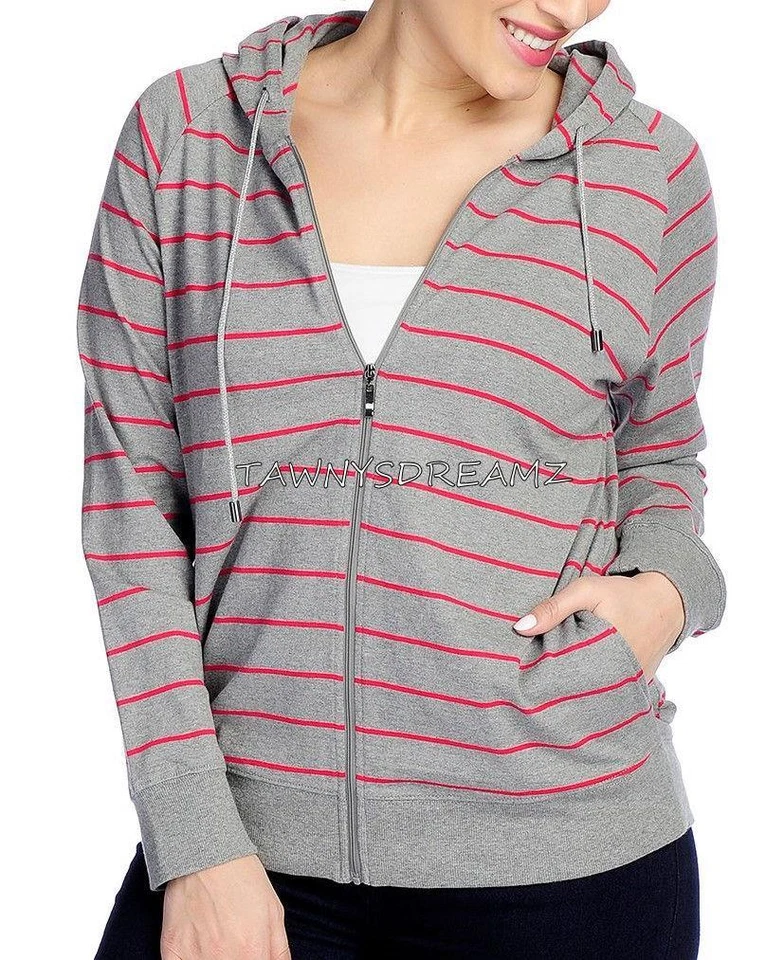 NEW OSO Casuals® Sweater Knit Long Sleeved Zip Front Striped Hoodie - SZ M or 1X - Image 2 of 3