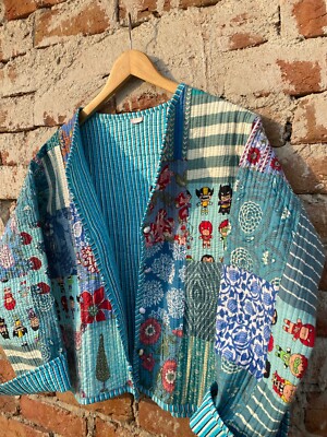 Indian Turquoise Patchwork Cotton Women Winter Quilted Jacket Reversible  Coat UK UK