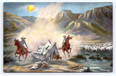 c1940 Range Feud Cowboys Sheep Camp UT Postcard L H Larsen Artist Poem