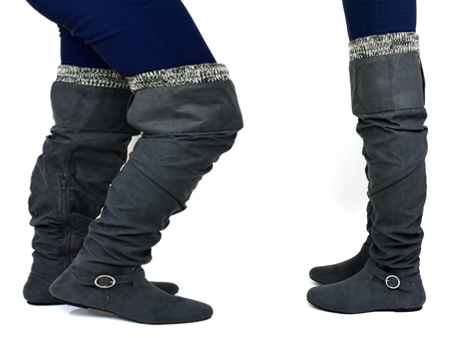 Ladies Knee High Grey Boots Womens Zip Up Buckle Outdoor Winter Shoes UK Size 7 eBay