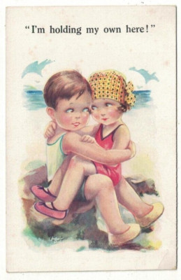 Künstler gezeichnete Comic Postkarte ''Ich halte mich hier!'' Romantik Kinder