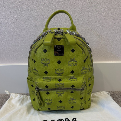 MCM Green Studded Logo Mini Backpack w/ Dust Bag Zip Silver, Adjustable Strap