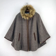 Joules Contessa Wool Cape Womens Large UK 14 16 Brown Check Tweed Country Poncho