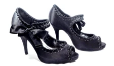 BAKERS Women Size 9.5 Peep Toe Pump Black Sateen High Heel Bow Tie Kink Platform