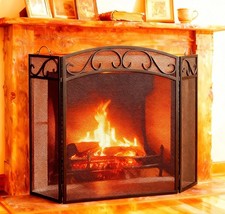 Fireplace Screen 3 Panel with Handles Wrought Iron 51"(L) x31(H) Spark Guard....