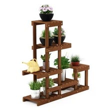 Furinno Flower Plant Stand Hardwood Multi-Level Shelf Natural Teak Oil Treated