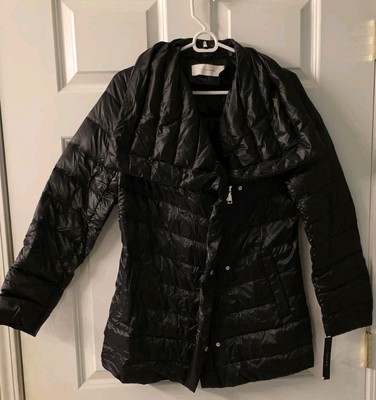 New TAHARI Hooded Bib Quilted Black Puffer Down Jacket Coat Size