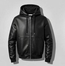 Men  s Premium Black Genuine Leather Zip Hoodie Handmade Real cow leather hoodie