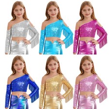 Kids Girls Crop Top Long Sleeve Shirt Dance Vest Latin Concert Cheerleading