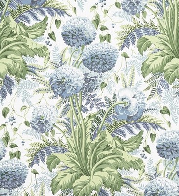 Thibaut/Anna French Curtain Fabric 'DAHLIA' 3.9 METRES SKY ON WHITE Linen Blend
