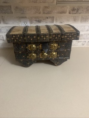 Antique Wood And Brass Pitara Chest From India Treasure Vintage Cart Trunk