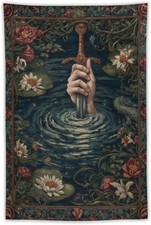 Vintage Medieval Lady of the Lake Excalibur Tapestry Wall Hanging, 40x60 Inch