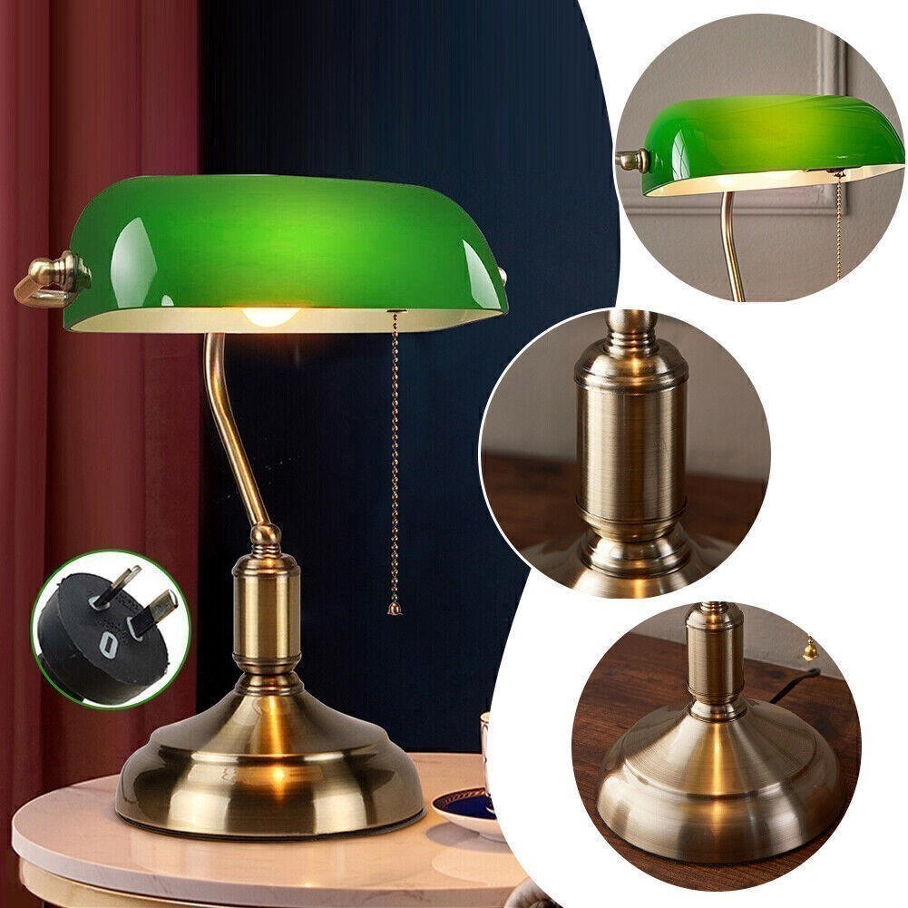 Banker Desk Lamp Pull Chain Switch Green Glass Shade Light Fixture AU Plug
