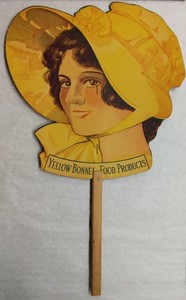 c1935 Hand Ad Fan for "Yellow Bonnet Food Products" die cut, chromolithograph
