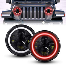 7 Inch LED Headlights Red Halo Ring Angel Eyes Daytime Running Light DRL Turn Si
