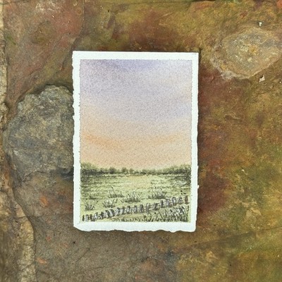 ACEO original, landscape, Sunset, Meadow, Fence,Country, Sky, Sunset, Watercolor