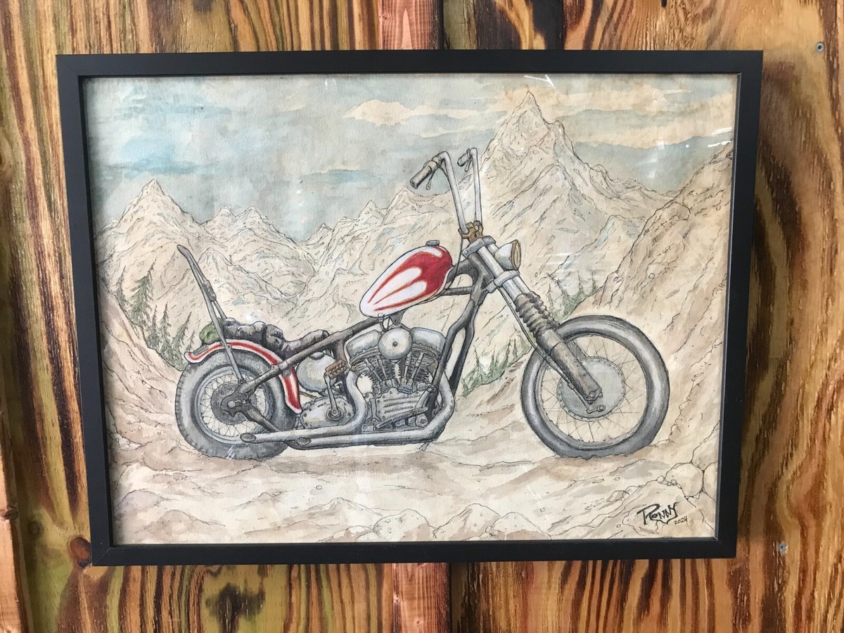 Framed Motorcycle ink drawing Panhead painting harley