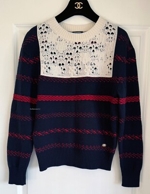 21C CHANEL NAVY BLUE RED ECRU PULLOVER CASHMERE SWEATER 34 | eBay