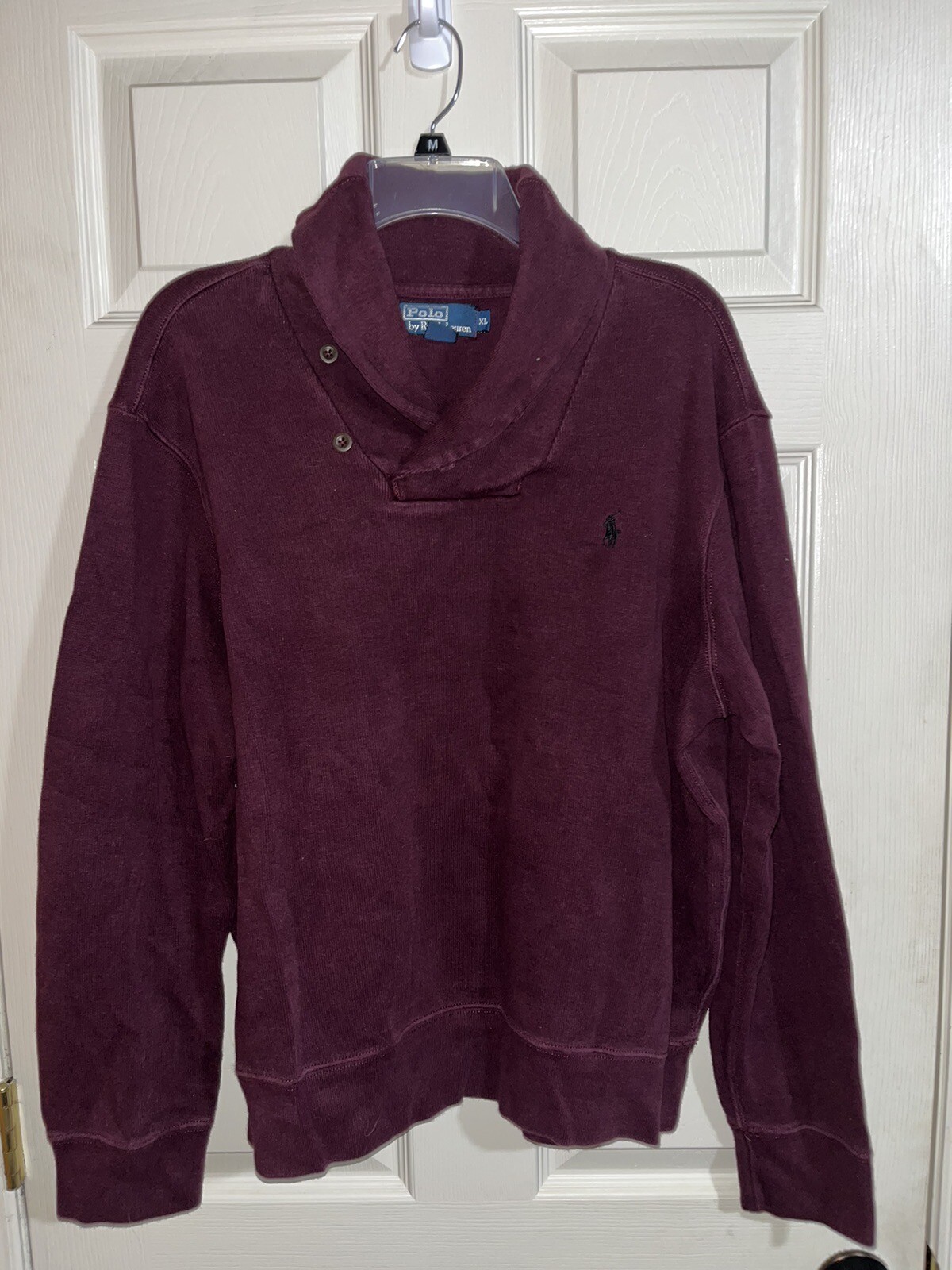 Polo Ralph Lauren Felpa Maglione Xl Marrone Blu Pony Scialle Collo Cappuccio
