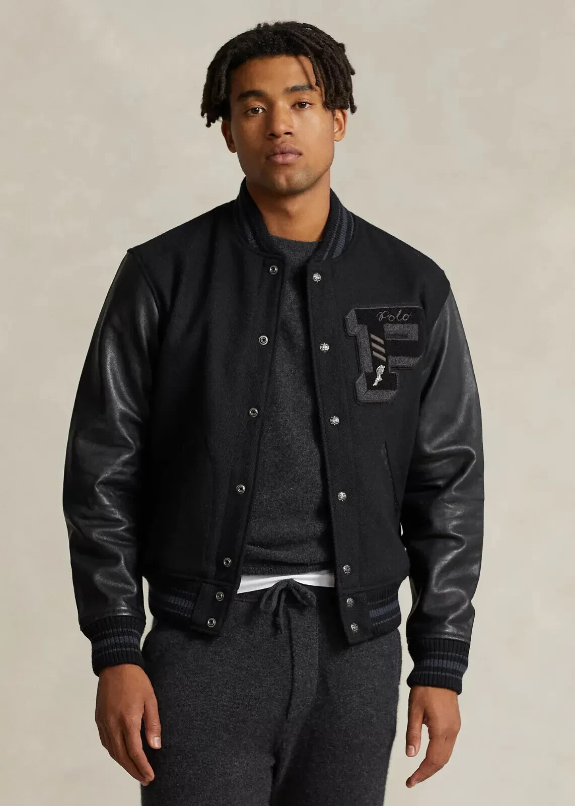 Polo Ralph Lauren Black Iconic P Patch Wool Blend Leather Letterman Jacket LARGE