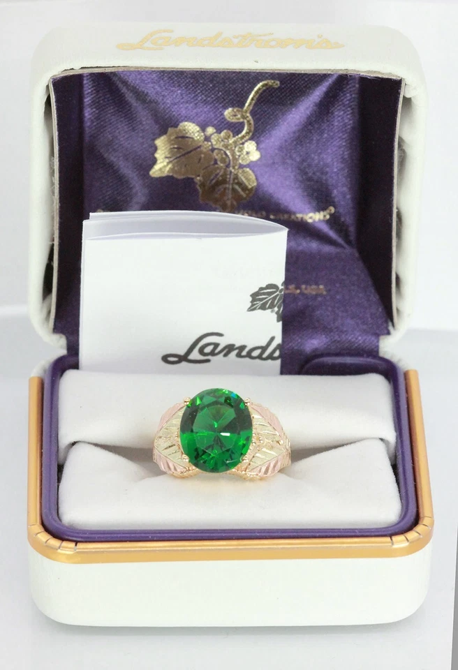 Black Hills Gold Oval Lab Created Green Emerald Ladies Cocktail Ring Size 5 - Image 2 of 4