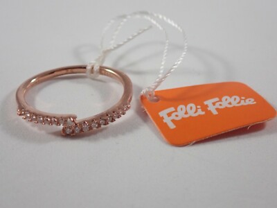FOLLI FOLLIE 925 STERLING SILVER LIGHTNING BOLT ROSE GOLD-TONE w/ CZ RING SZ 6