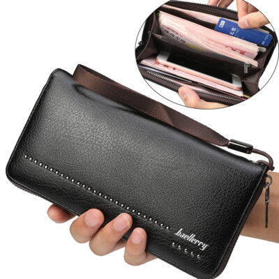 Men Leather Long Wallets Zipper Around Checkbook Cash Credit Card Holder Handbag