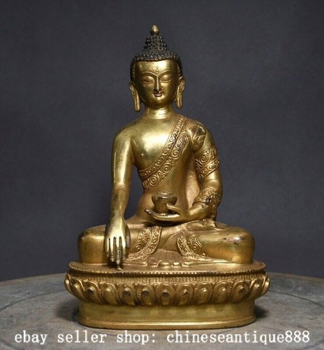 Ancienne statue de Bouddha Shakyamuni Amitabha Shakyamuni 8,6" en bronze doré chinois - Photo 1/9