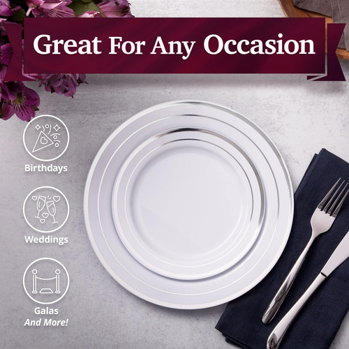 Aya'S 60 Silver Rimmed Plastic Plates for Party, Heavy Duty Disposable Plates Se - Picture 5 of 12