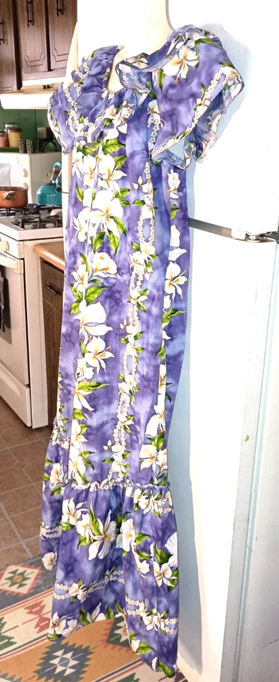 VESTIDO LARGO HAWAIANO VINTAGE JADE FASHIONS PÚRPURA FLORAL LEI ESCOTE ELÁSTICO 2XL Foto 3 de 4