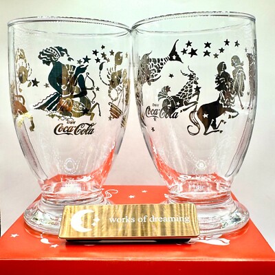 2 boxes of 2 pieces each Coca-Cola Japan Glass 80s Zodiac Gold Silver 200ml Vtg