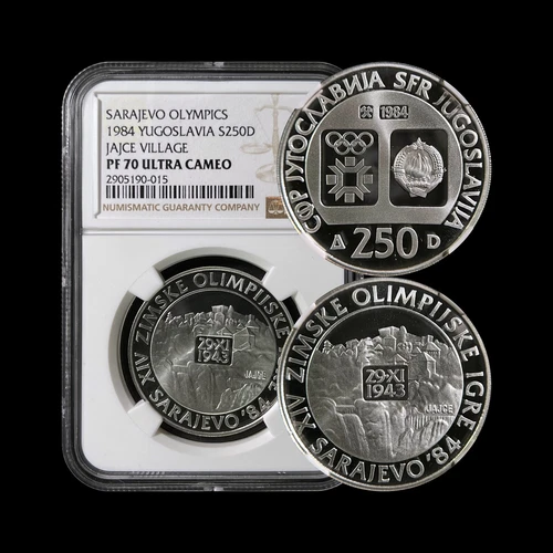 YUGOSLAVIA. 1984, 250 Dinara, Silver - NGC PF70 - Top Pop 🥇 Jajce Village B&H