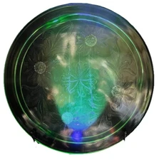 Jeanette Cake Plate Footed Green Depression Uranium Glass Floral IT GLOWS Vtg