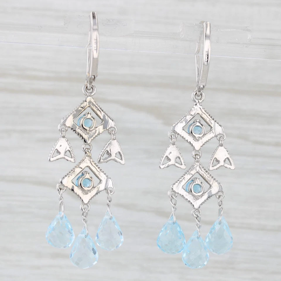 Blue Topaz Briolette Dangle Earrings 14k White Gold Chandelier Drops - Image 4 of 4