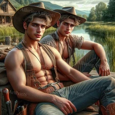 Male Models Photo Print Muscular Handsome Cowboy Hunk Abs -U634