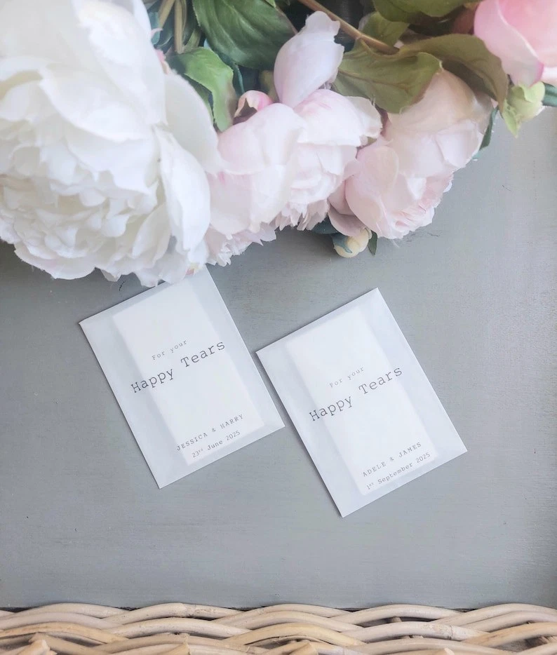 Personalised Wedding Favours Tissue Packs For Guests Happy Tears Packets  - Image 2 of 4
