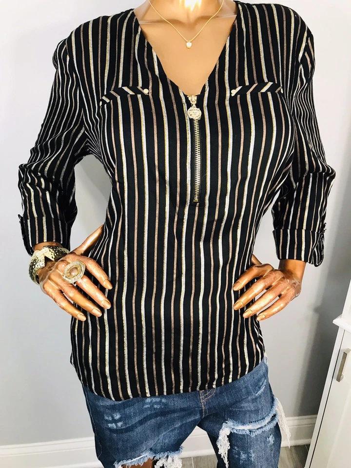 Anne Klein L 小号上衣条纹标志 1/2 拉链衬衫衬衫低帮柔软闪亮 — 第 3/4 张图片