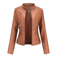 Women Biker Jacket Slim Ladies Faux Leather Zip Stand-up Collar Outerwear UKSize