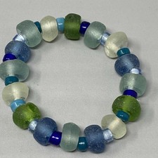 Chunky Sea Glass Bracelet Frosted Green Blue Clear Rondelle Beads Stretch 6.5"