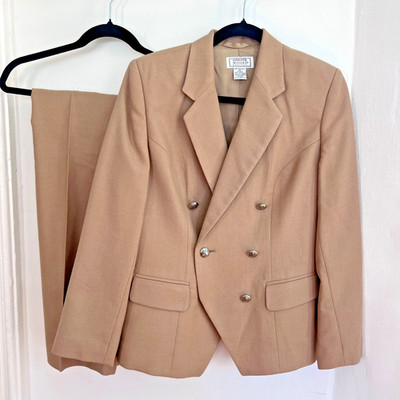 Vintage Jennifer Moore Camel Wool Pant Suit Set Women 10P Double Breasted Quiet 