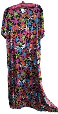Vicki Wayne Dress L Vintage Y2K 90s Colorful Floral Crinkle Rayon Lace Up Back